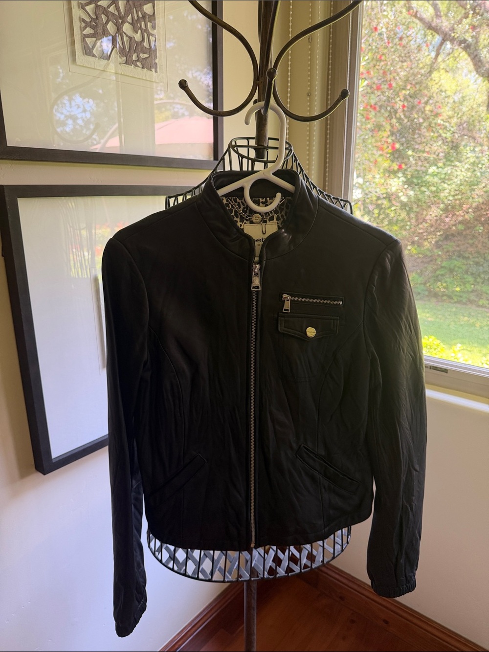 bebe Black Leather Zip-Front Jacket